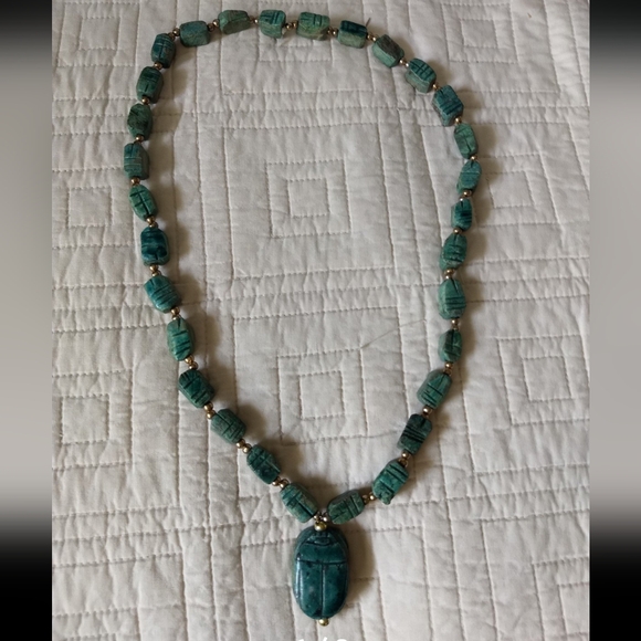 Vintage 1970s Hand Carved Ceramic Bohemian Egyptian Revival Scarab Necklace - Picture 5 of 9